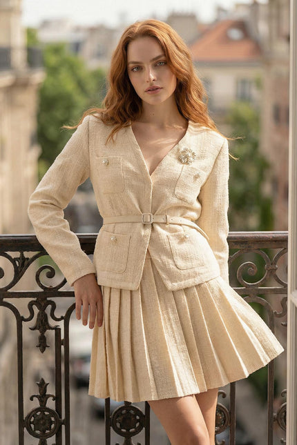 Dahlia - Textured Long Sleeve Co-Ord with Pleated Mini Skirt