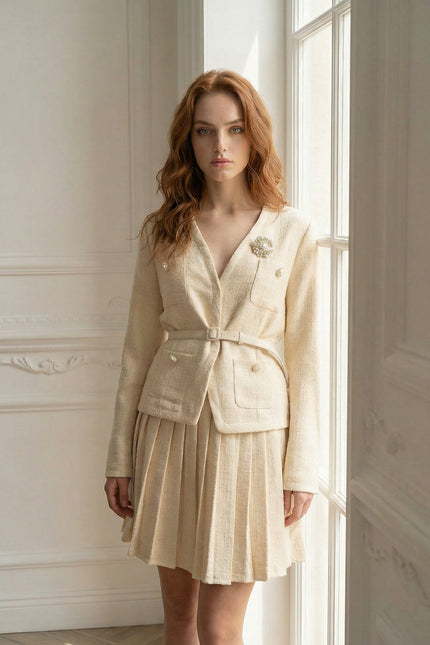 Dahlia - Textured Long Sleeve Co-Ord with Pleated Mini Skirt