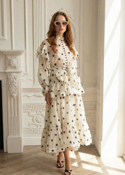 Daniella - Polka Dot Co-Ord With Puff Sleeves and Waist Bow