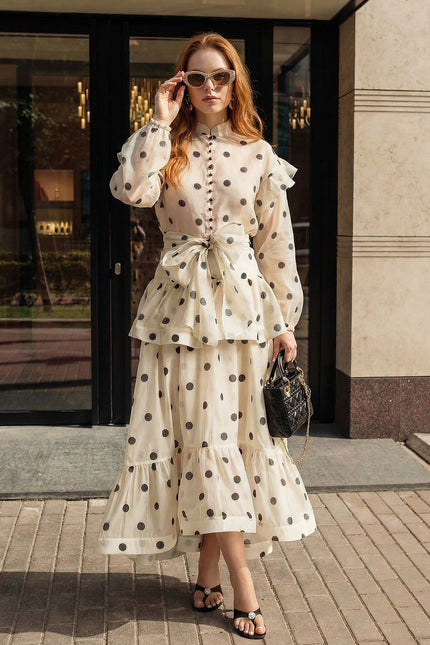 Daniella - Polka Dot Co-Ord With Puff Sleeves and Waist Bow