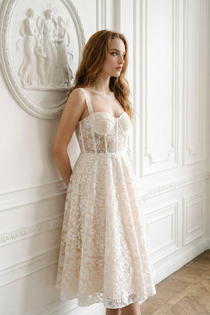 Delphine - Lace Dress with Fitted Bodice and Floral Detailing