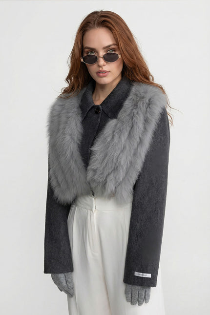 Desirée - Cropped Wool Jacket Featuring Fox Fur Collar