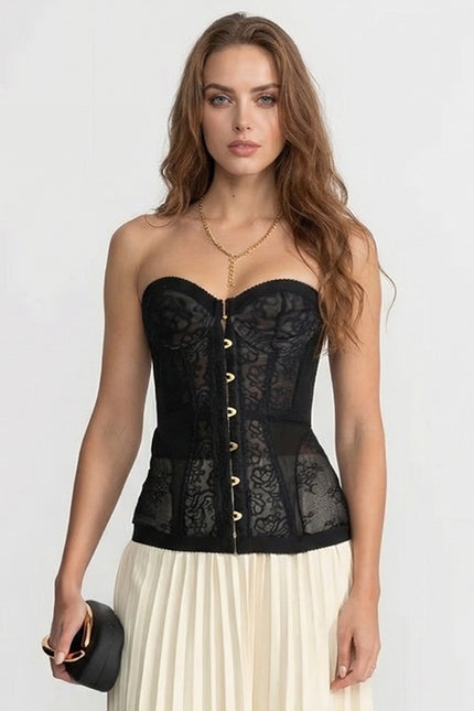Elena - Strapless Lace Corset Top with Boning and Front Closure