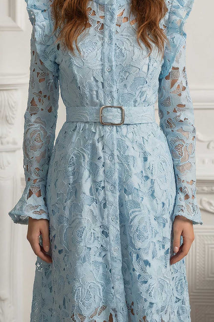 Élodiane - Floral Lace Midi Dress with Ruffled Shoulders