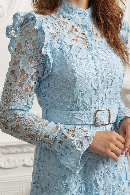 Élodiane - Floral Lace Midi Dress with Ruffled Shoulders