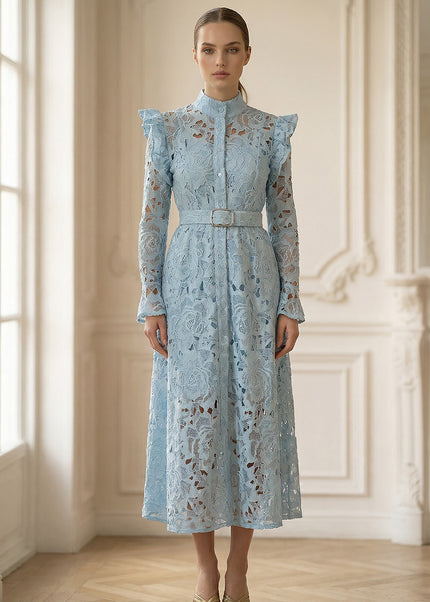 Élodiane - Floral Lace Midi Dress with Ruffled Shoulders