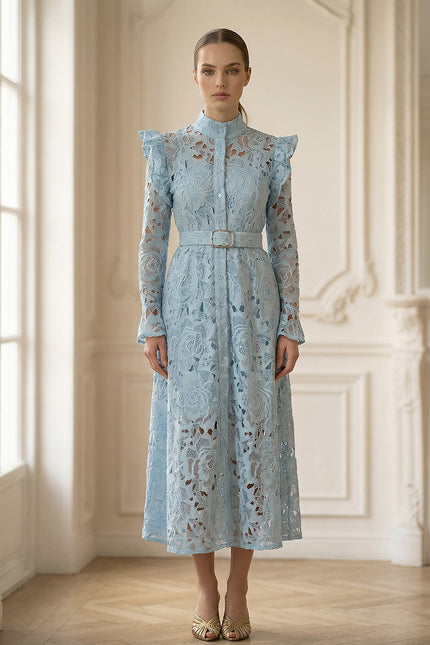 Élodiane - Floral Lace Midi Dress with Ruffled Shoulders