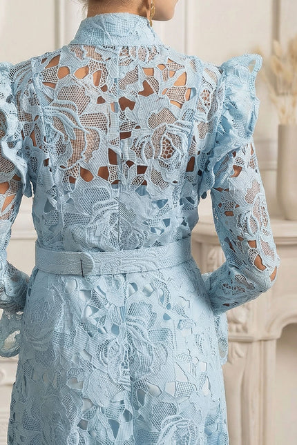 Élodiane - Floral Lace Midi Dress with Ruffled Shoulders