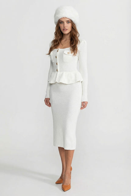 Emilia - Textured Knit Dress with Peplum Waist & Gold Buttons