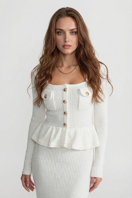 Emilia - Textured Knit Dress with Peplum Waist & Gold Buttons