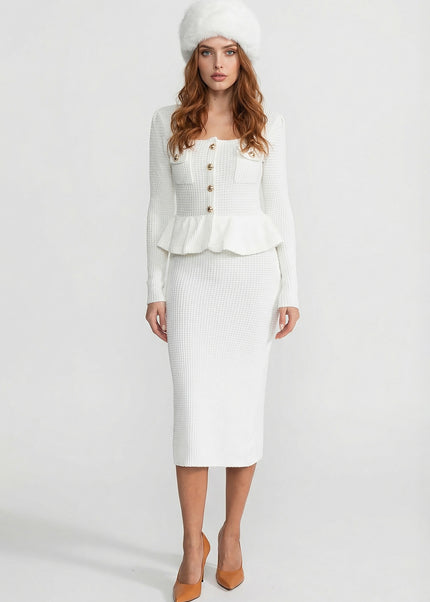 Emilia - Textured Knit Dress with Peplum Waist & Gold Buttons