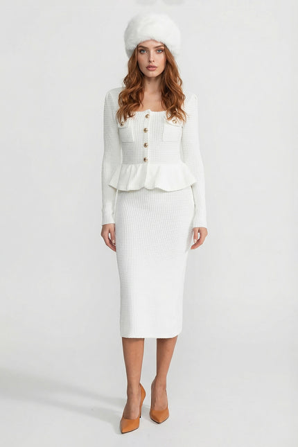 Emilia - Textured Knit Dress with Peplum Waist & Gold Buttons