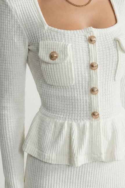 Emilia - Textured Knit Dress with Peplum Waist & Gold Buttons