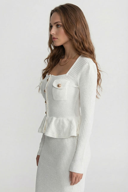 Emilia - Textured Knit Dress with Peplum Waist & Gold Buttons