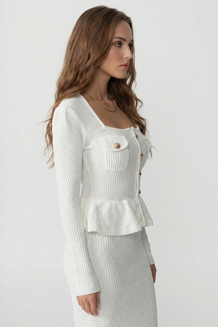 Emilia - Textured Knit Dress with Peplum Waist & Gold Buttons