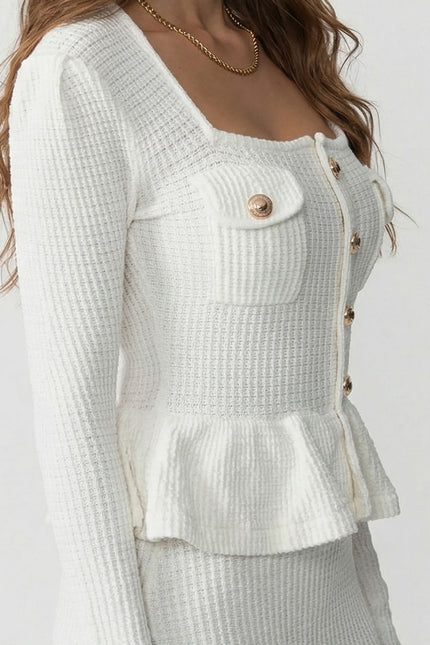 Emilia - Textured Knit Dress with Peplum Waist & Gold Buttons