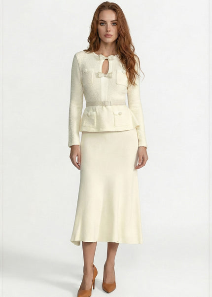 Evette - Tweed Peplum Knit Midi Dress