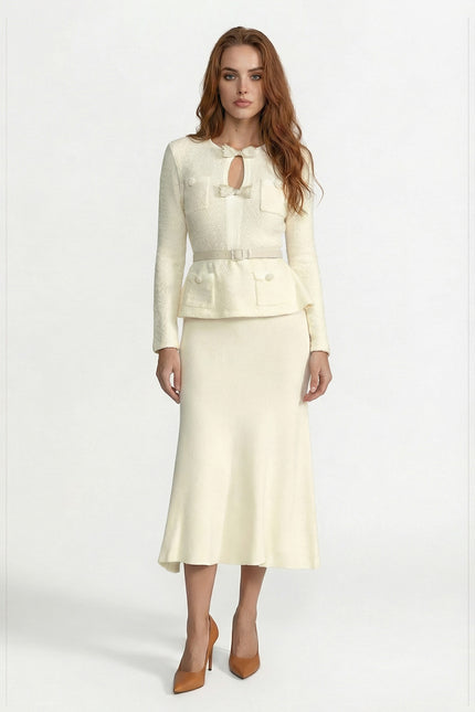 Evette - Tweed Peplum Knit Midi Dress