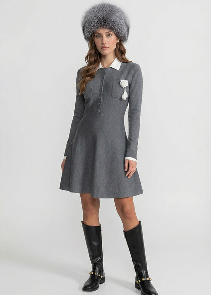 Fabia - Floral Brooch Mini Dress with Contrast Collar