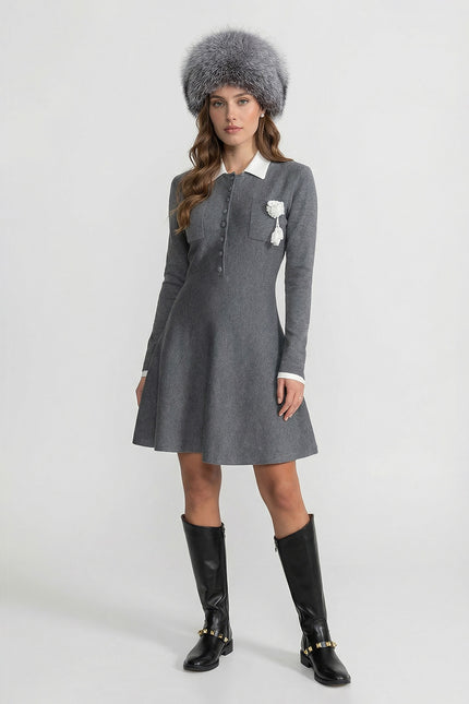 Fabia - Floral Brooch Mini Dress with Contrast Collar