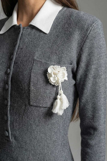 Fabia - Floral Brooch Mini Dress with Contrast Collar