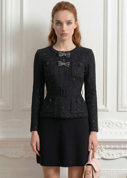 Félicie - Tweed Co-Ord Set with Embellished Bow Closures and Mini Skirt