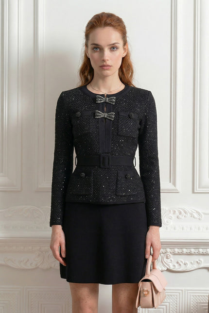 Félicie - Tweed Co-Ord Set with Embellished Bow Closures and Mini Skirt