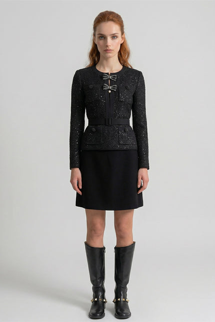 Félicie - Tweed Co-Ord Set with Embellished Bow Closures and Mini Skirt