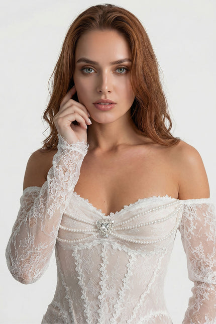 Fiorella - Lace Off-Shoulder Midi Dress with Pearl-Embellished Bustier