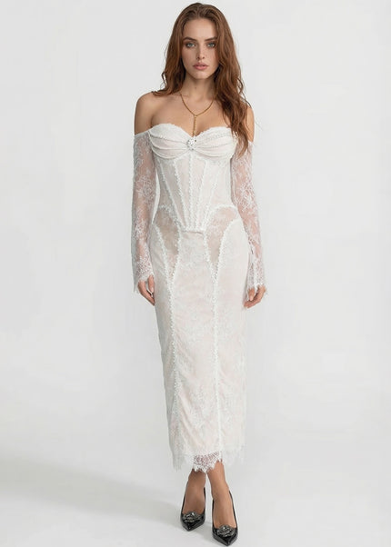 Fiorella - Lace Off-Shoulder Midi Dress with Pearl-Embellished Bustier