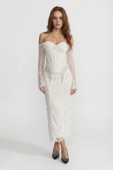 Fiorella - Lace Off-Shoulder Midi Dress with Pearl-Embellished Bustier