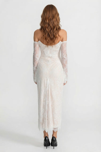 Fiorella - Lace Off-Shoulder Midi Dress with Pearl-Embellished Bustier
