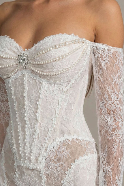 Fiorella - Lace Off-Shoulder Midi Dress with Pearl-Embellished Bustier