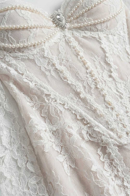 Fiorella - Lace Off-Shoulder Midi Dress with Pearl-Embellished Bustier