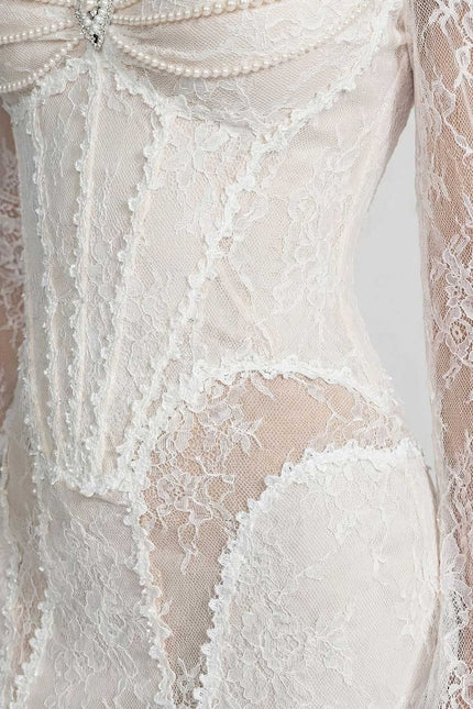 Fiorella - Lace Off-Shoulder Midi Dress with Pearl-Embellished Bustier