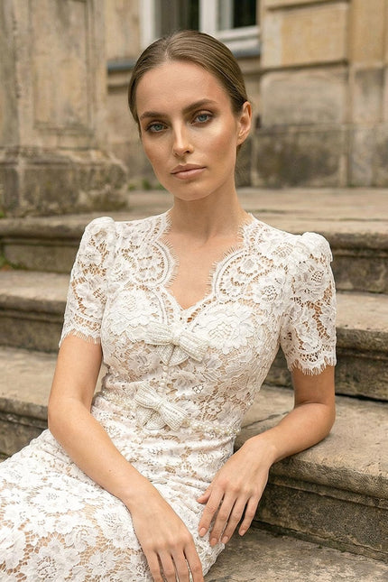 Gaëlle - Embellished Lace Midi Dress with Bow