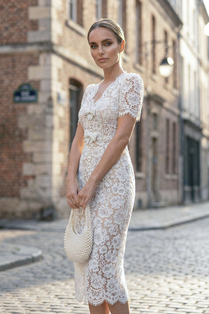 Gaëlle - Embellished Lace Midi Dress with Bow