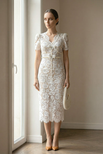 Gaëlle - Embellished Lace Midi Dress with Bow