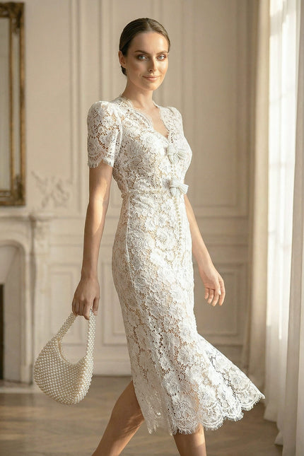 Gaëlle - Embellished Lace Midi Dress with Bow