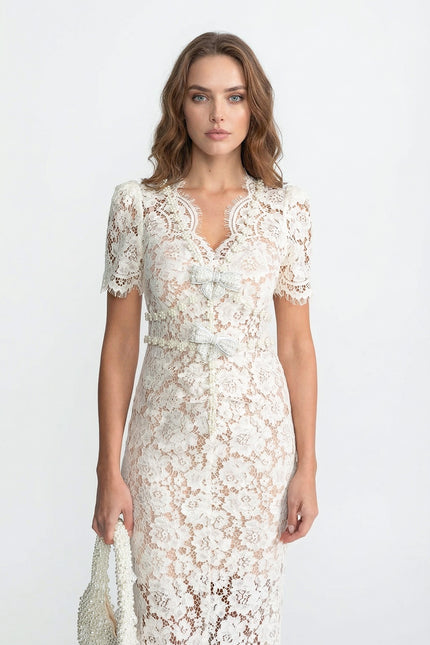 Gaëlle - Embellished Lace Midi Dress with Bow