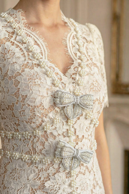 Gaëlle - Embellished Lace Midi Dress with Bow