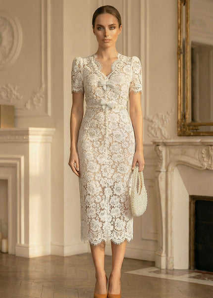 Gaëlle - Embellished Lace Midi Dress with Bow