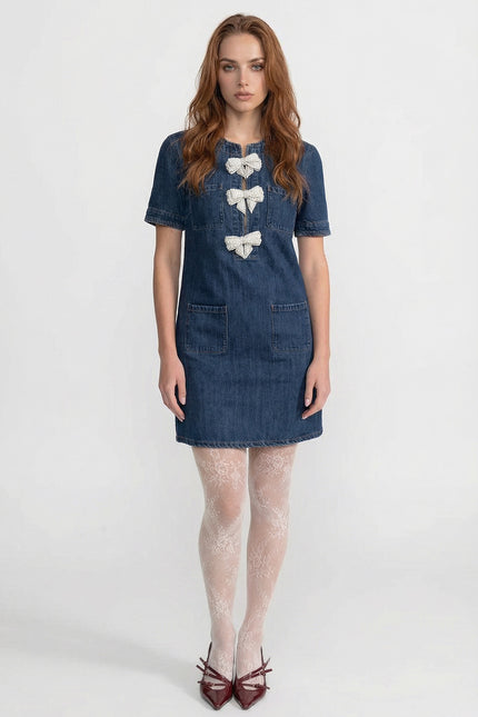 Geneviève - Denim Mini Dress with Embellished Sparkling Bows