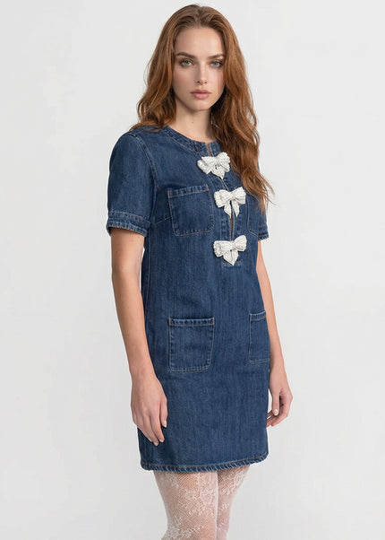 Geneviève - Denim Mini Dress with Embellished Sparkling Bows