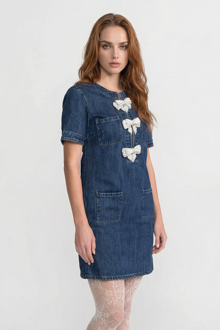 Geneviève - Denim Mini Dress with Embellished Sparkling Bows