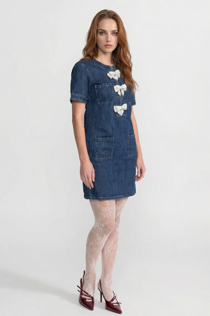 Geneviève - Denim Mini Dress with Embellished Sparkling Bows