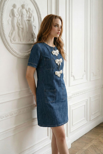 Geneviève - Denim Mini Dress with Embellished Sparkling Bows