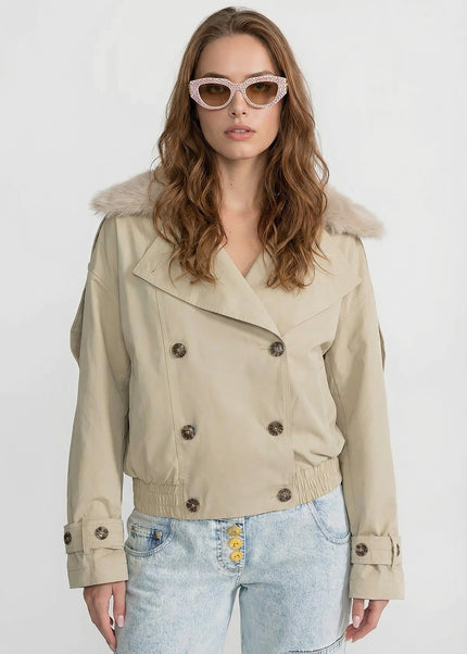 Georgette - Fur Collar Cropped Trench Jacket