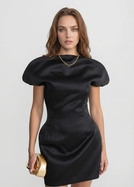 Giselle - Satin Midi Dress with Sculpted Shoulder Accent