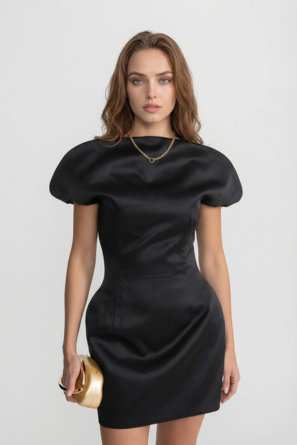 Giselle - Satin Midi Dress with Sculpted Shoulder Accent